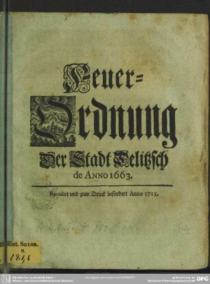 Feuer-Ordnung Der Stadt Delitzsch de Anno 1663.