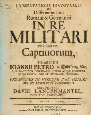 Dissertatione Inavgvrali De Differentiis iuris Romani & Germanici In Re Militari Praesertim Captiuorum