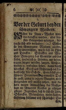 I. Vor der Geburt bey den schwangern Weibern - III. Nach der Geburt