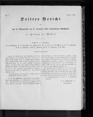 Nr. 5. Dritter Bericht des von der Bürgerschaft am 10. December 1862 niedergesetzten Ausschusses zur Prüfung der Wahlen. Januar 1863.