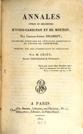 Annales civiles et religieuses d'Yvois-Carignan et de Mouzon