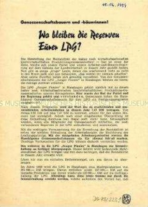 Flugblatt mit Aufruf an LPG-Bauern im Kreis Greifswald zur Ertragssteigerung anlässlich des 10. Jahrestages der DDR-Gründung