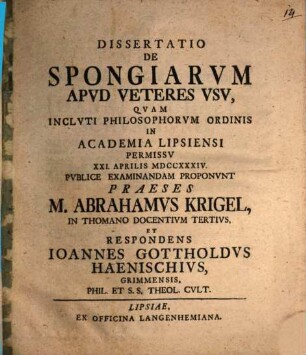 Dissertatio De Spongiarvm Apvd Veteres Vsv