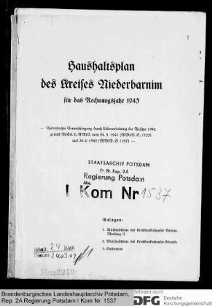 Haushaltspläne des Kreises Niederbarnim für das Rechnungsjahr 1943