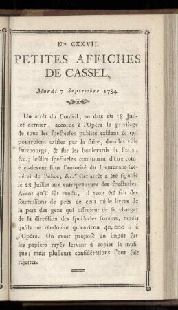 No CXXVII (Mardi 7 Sepembre 1784)