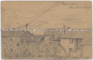 Dorfansicht, handgezeichnete Postkarte von der französischen Front