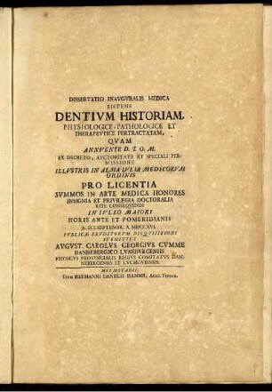Dissertatio Inauguralis Sistens Dentium Historiam Physiologice, Pathologice Et Therapeutice Pertractam