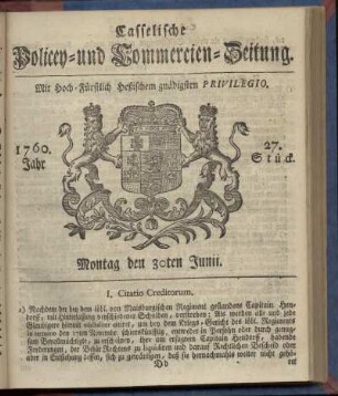 27. Stueck, Montag den 30ten Junii 1760