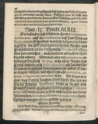 Num: 15. Bericht. fol. 11. 12.