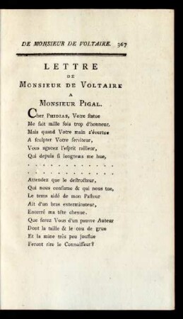 Lettre de Monsieur de Voltaire a Monsieur Pigal.