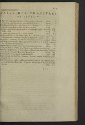 Table des chapitres du livre V.