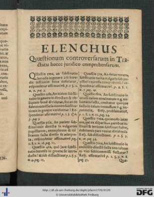 Elenchus Quaestionum controversarum in Tractatu hocce juridico comprehensarum.