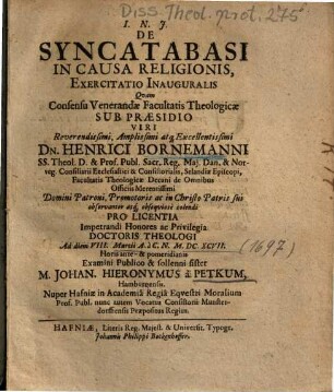De Syncatabasi In Causa Religionis, Exercitatio Inauguralis