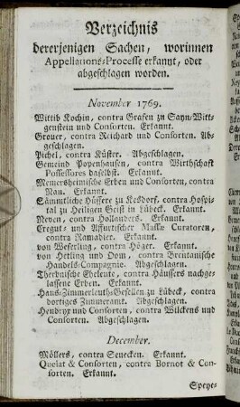 Verzeichnis dererjenigen Sachen, worinnen Appellations-Processe erkannt, oder abgeschlagen worden.