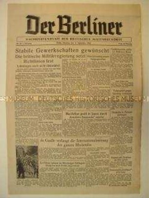 Tageszeitung der britischen Militärbehörde für die Berliner Bevölkerung u.a. zu den Richtlinien der britischen Militärregierung