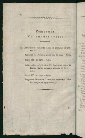 XII, Conspectus Volumis tertii
