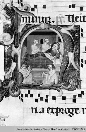 Antiphonar zu Dante Alighieri : Textseite mit historisierter Initiale H: Geburt Mariens
