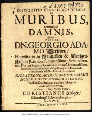 Disquisitio Legalis Academica De Muribus, eorumque Damnis