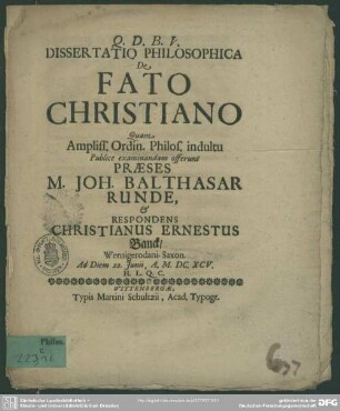 Dissertatio philosophica de fato Christiano