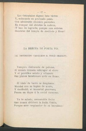 La brecha de Porta Pia : (Al distinguido caballero D. Tomás Bradley)