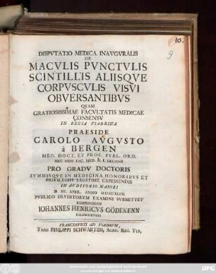 Dispvtatio Medica Inavgvralis De Macvlis Pvnctvlis Scintillis Aliisqve Corpvscvlis Visvi Obversantibvs