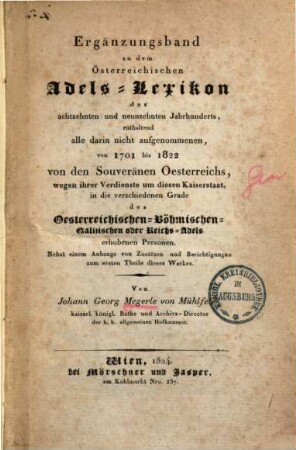 Oesterreichisches Adels-Lexicon des 18. und 19. Jahrhunderts, [2] : Ergänzungsband bis 1822