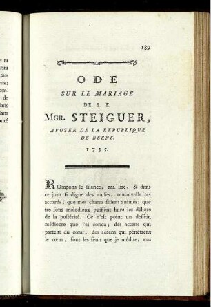 Ode Sur Le Mariage De S. E. Mgr. Steiguer, Avoyer De La Republique De Berne. 1735.