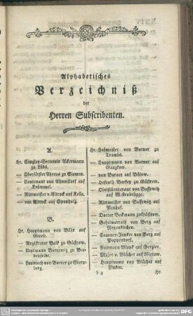 Alphabetisches Verzeichniß der Herren Subscribenten
