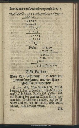 Elfte Lection. Von der Rechnung mit benanten Zahlen überhaupt, und von ihrer Addition insonderheit