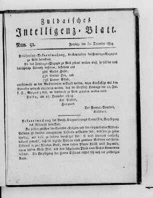 Num. 52, Ausgabe vom 30. December 1814 [S. 632/633 fehlt.]