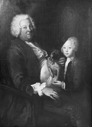 Bildnis Gottfried Adolph Daum mit Mops im Schoß und Enkel (Detail)