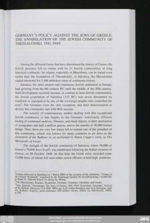 Germany's Policy Against The Jews Of Greece: The Annihilation Of The Jewish Community Of Thessaloniki, 1941-1944