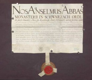 Lehenrevers des Abts Anselm gegen Bischof Franz Christoph zu Speyer wegen erhaltener Belehnung über das von dem Stift Speyer zu Lehen rührende Kloster Schwarzach