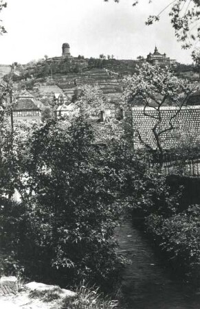 Radebeul. Weinberge mit Bismarckturm und Gasthaus "Spitzhaus". Blick den Lößnitzbach aufwärts zum Berg- und Lusthaus Hoflößnitz