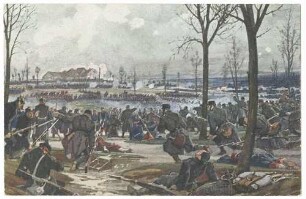 Erstürmung des Mont Mesly durch Kompanien der 2. und 8. kgl. württ. Infanterie-Regiments und des 3. kgl. württ. Jägerbataillon am 30. November 1870: die franz. Truppen werden in rückwärtige Stellungen gedrängt