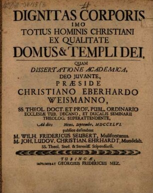 Dignitas corporis, imo totius hominis Christiani ex qualitate domus et templ. Dei