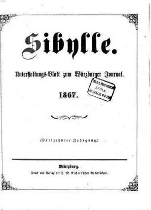 Sibylle : Unterhaltungsblatt zum Würzburger Journal. 1867