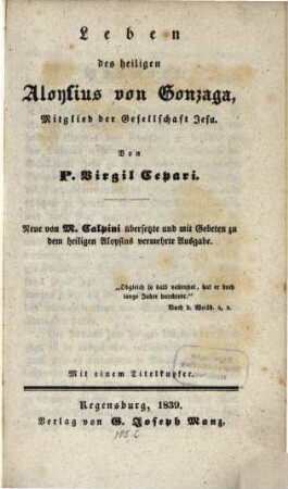 Historia von dem Leben ... Aloysii Gonzaga