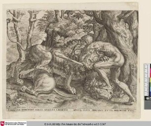 [Herakles erstickt den Nemeischen Löwen mit bloßen Händen; Hercules slays the Nemean lion; Hercule et le lion de Nemee]