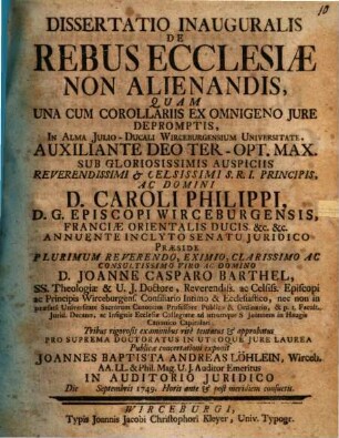 Diss. inaug. de rebus ecclesiae non alienandis