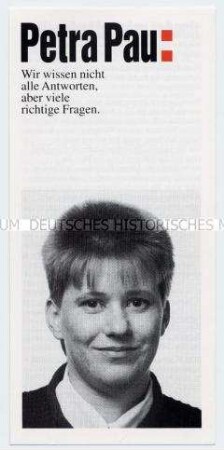 Flugschrift der Berliner PDS zur Vorstellung ihrer Kandidatin Petra Pau für die Wahl des Berliner Abgeordnetenhauses 1995