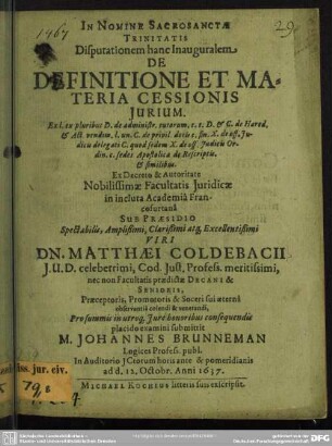 Disputationem hanc inauguralem de definitione et materia cessionis jurium