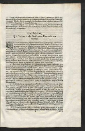 Constitutio, Qua Pharmacopolae Nostrarum Provinciarum tenentur.