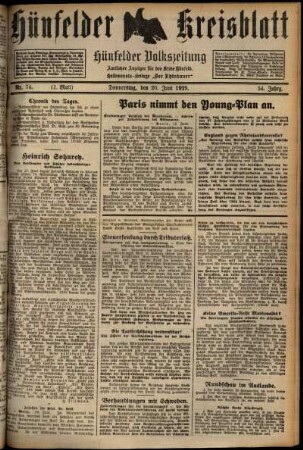 Erste Ausgabe vom Donnerstag, den 20. Juni 1929.