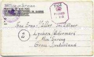 Kriegsgefangenenpost aus britischer Kriegsgefangenschaft im Lager 67 PW Camp, Sandyhillock-Camp - Personenkonvolut