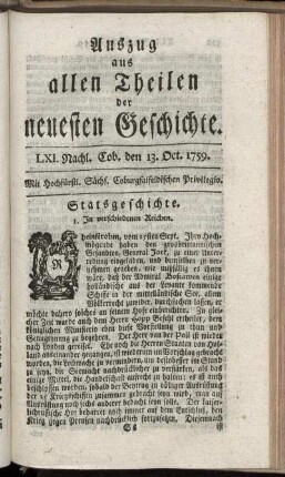 LXI. Nachl. Cob. den 13. Oct. 1759.