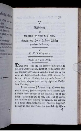 V. Beskrivelse af en nye Snylte-Orm funden paa Horn-Fiskens Gieller (Axine Bellones.).