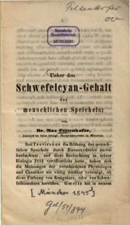 Ueber den Schwefelcyan-Gehalt des menschlichen Speichels : [Kopft.]