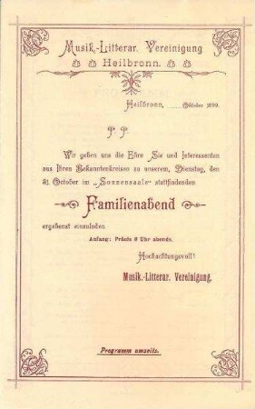 Programmzettel der Musikalisch-Literarischen Vereinigung zu einem Familienabend
