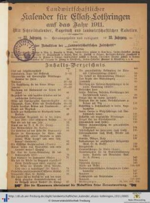 33. Jahrgang: Landwirtschaftlicher Kalender für Elsaß-Lothringen: ... auf das Jahr 1911